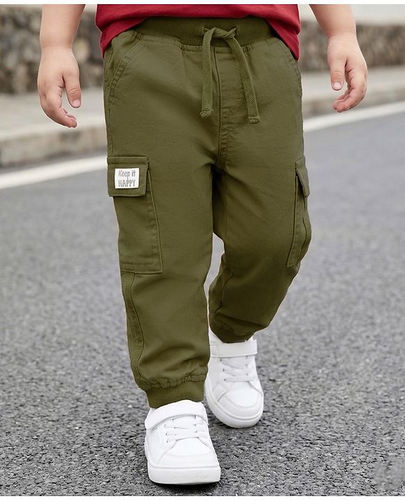 Babyhug Twill Lycra Woven Full Length Trousers With Stretch & Cargo Pockets - Khaki