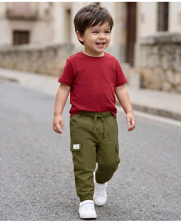 Babyhug Twill Lycra Woven Full Length Trousers With Stretch & Cargo Pockets - Khaki