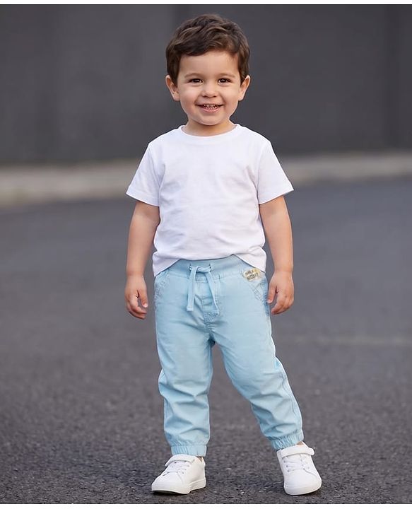 Babyhug Poplin Cotton Woven Full Length Trouser Pants with Patch & Pockets - Light Blue