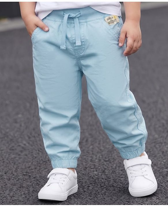 Babyhug Poplin Cotton Woven Full Length Trouser Pants with Patch & Pockets - Light Blue