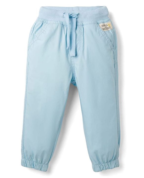 Babyhug Poplin Cotton Woven Full Length Trouser Pants with Patch & Pockets - Light Blue