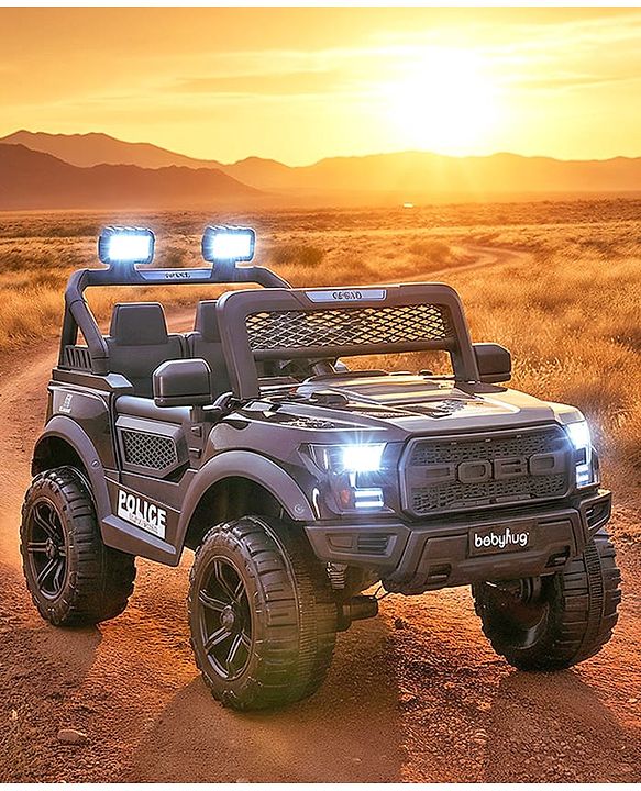 Babyhug POBO Battery Operated Ride on Jeep with Music & LED Lights - Black| Rechargeable Battery| Openable Doors| Built-in Music & AUX|Remote Control|Easy to Assemble| Forward Reverse & Swing Function