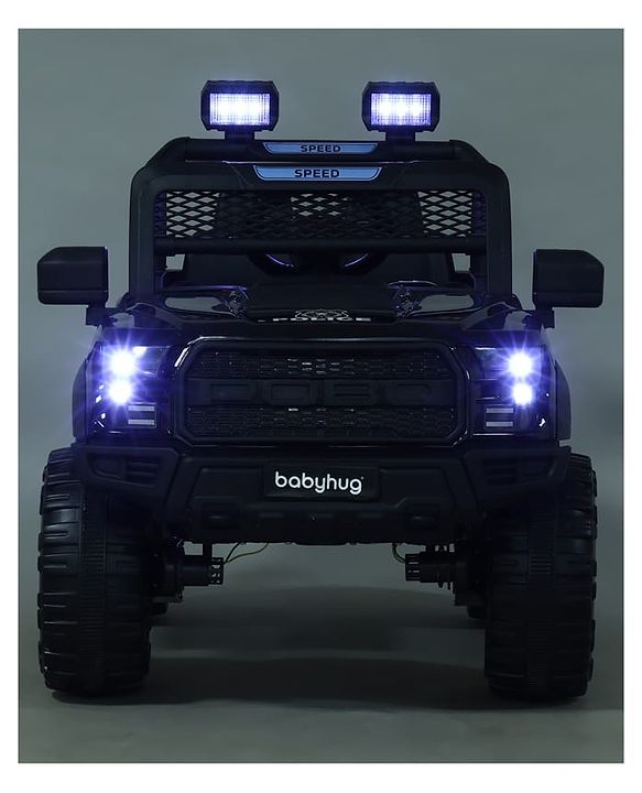Babyhug POBO Battery Operated Ride on Jeep with Music & LED Lights - Black| Rechargeable Battery| Openable Doors| Built-in Music & AUX|Remote Control|Easy to Assemble| Forward Reverse & Swing Function