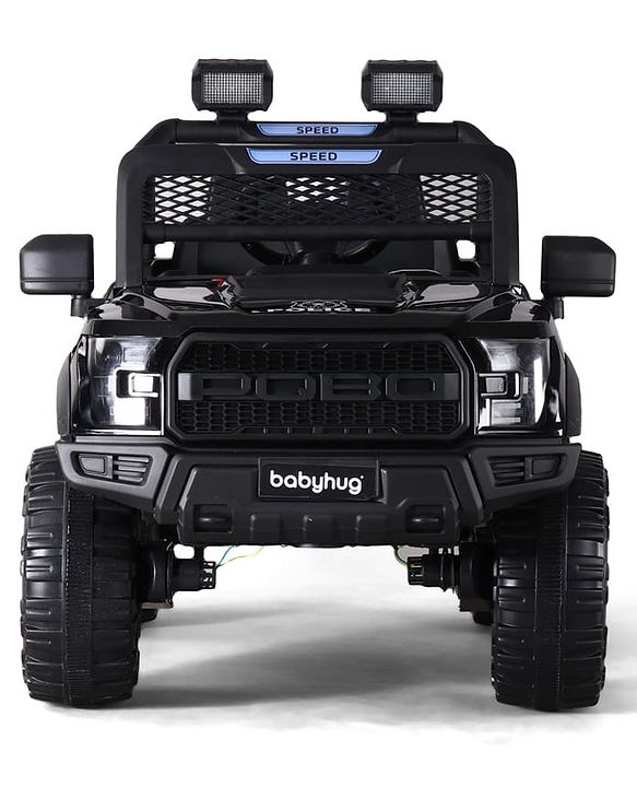 Babyhug POBO Battery Operated Ride on Jeep with Music & LED Lights - Black| Rechargeable Battery| Openable Doors| Built-in Music & AUX|Remote Control|Easy to Assemble| Forward Reverse & Swing Function