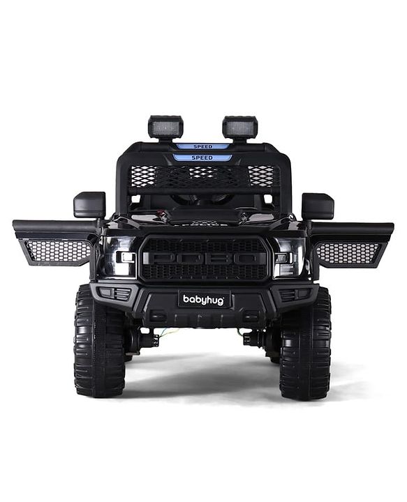 Babyhug POBO Battery Operated Ride on Jeep with Music & LED Lights - Black| Rechargeable Battery| Openable Doors| Built-in Music & AUX|Remote Control|Easy to Assemble| Forward Reverse & Swing Function