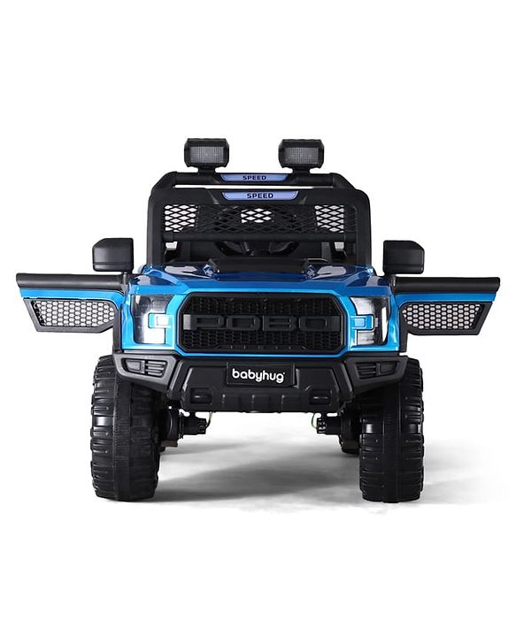 Babyhug POBO Battery Operated Ride on Jeep with Music & LED Lights - Blue| Rechargeable Battery| Openable Doors| Built-in Music & AUX|Remote Control|Easy to Assemble| Forward Reverse & Swing Function