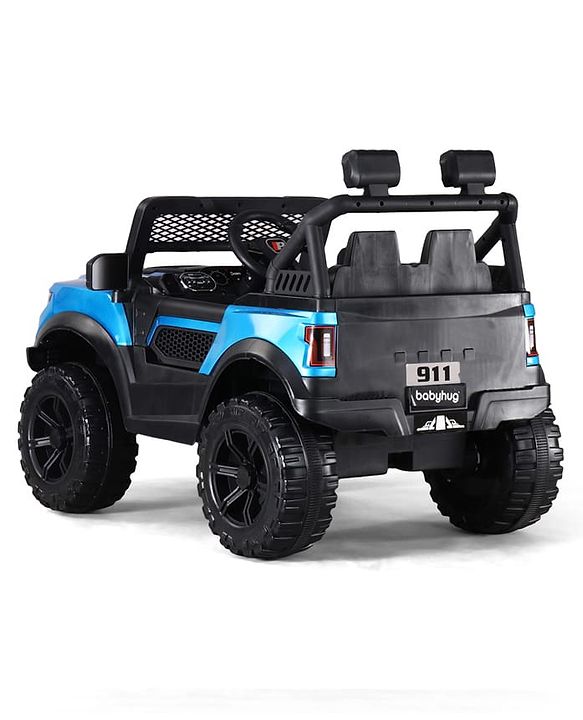 Babyhug POBO Battery Operated Ride on Jeep with Music & LED Lights - Blue| Rechargeable Battery| Openable Doors| Built-in Music & AUX|Remote Control|Easy to Assemble| Forward Reverse & Swing Function