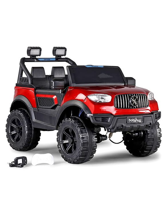 Babyhug Battery Operated Ride on Jeep with LED Lights - Red| Rechargeable Battery| Openable Doors| Built-in Music & AUX| Remote Control| Easy to Assemble| Forward Reverse & Swing| Indoor Outdoor Toy