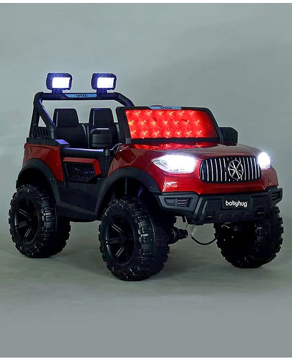 Babyhug Battery Operated Ride on Jeep with LED Lights - Red| Rechargeable Battery| Openable Doors| Built-in Music & AUX| Remote Control| Easy to Assemble| Forward Reverse & Swing| Indoor Outdoor Toy