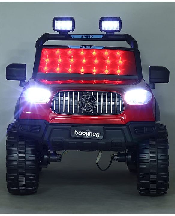 Babyhug Battery Operated Ride on Jeep with LED Lights - Red| Rechargeable Battery| Openable Doors| Built-in Music & AUX| Remote Control| Easy to Assemble| Forward Reverse & Swing| Indoor Outdoor Toy