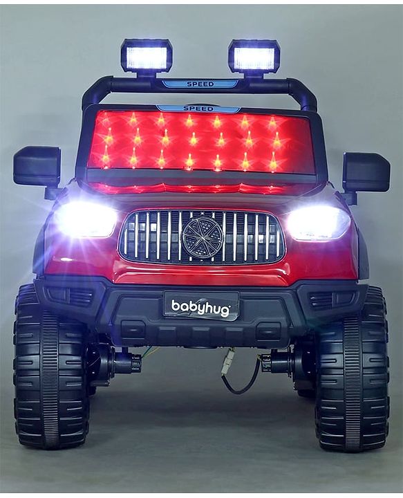 Babyhug Battery Operated Ride on Jeep with LED Lights - Red| Rechargeable Battery| Openable Doors| Built-in Music & AUX| Remote Control| Easy to Assemble| Forward Reverse & Swing| Indoor Outdoor Toy
