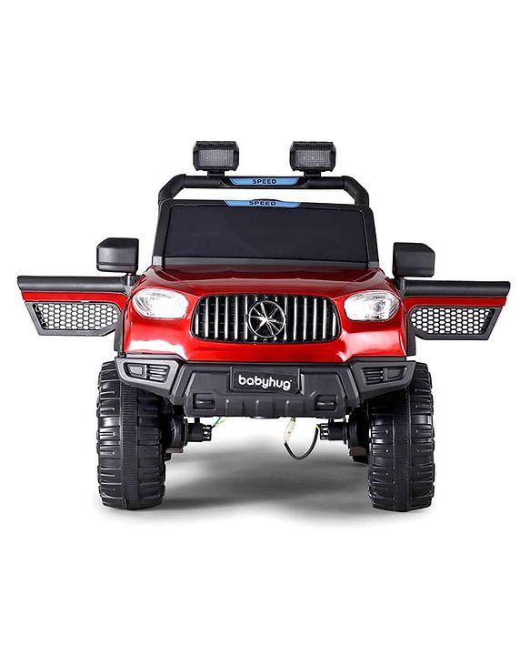 Babyhug Battery Operated Ride on Jeep with LED Lights - Red| Rechargeable Battery| Openable Doors| Built-in Music & AUX| Remote Control| Easy to Assemble| Forward Reverse & Swing| Indoor Outdoor Toy