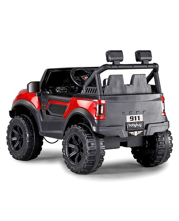 Babyhug Battery Operated Ride on Jeep with LED Lights - Red| Rechargeable Battery| Openable Doors| Built-in Music & AUX| Remote Control| Easy to Assemble| Forward Reverse & Swing| Indoor Outdoor Toy