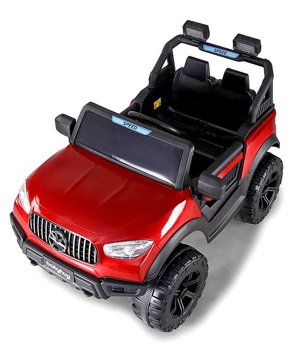 Babyhug Battery Operated Ride on Jeep with LED Lights - Red| Rechargeable Battery| Openable Doors| Built-in Music & AUX| Remote Control| Easy to Assemble| Forward Reverse & Swing| Indoor Outdoor Toy