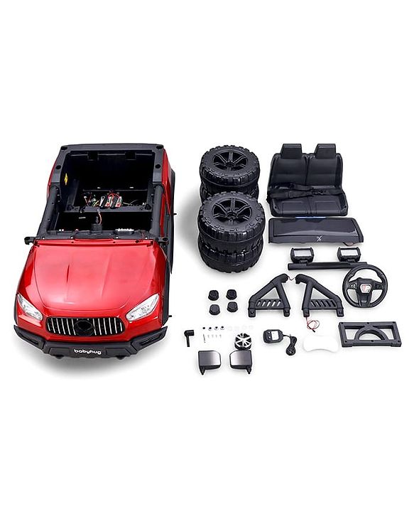 Babyhug Battery Operated Ride on Jeep with LED Lights - Red| Rechargeable Battery| Openable Doors| Built-in Music & AUX| Remote Control| Easy to Assemble| Forward Reverse & Swing| Indoor Outdoor Toy