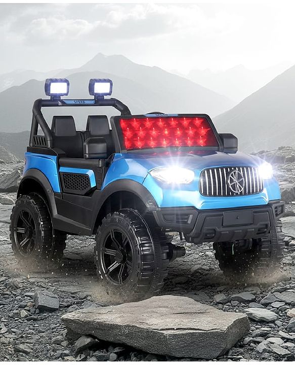 Babyhug Battery Operated Ride on Jeep with LED Lights -Blue| Rechargeable Battery| Openable Doors| Built-in Music & AUX| Remote Control| Easy to Assemble| Forward Reverse & Swing| Indoor Outdoor Toy