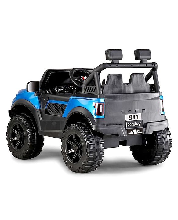 Babyhug Battery Operated Ride on Jeep with LED Lights -Blue| Rechargeable Battery| Openable Doors| Built-in Music & AUX| Remote Control| Easy to Assemble| Forward Reverse & Swing| Indoor Outdoor Toy