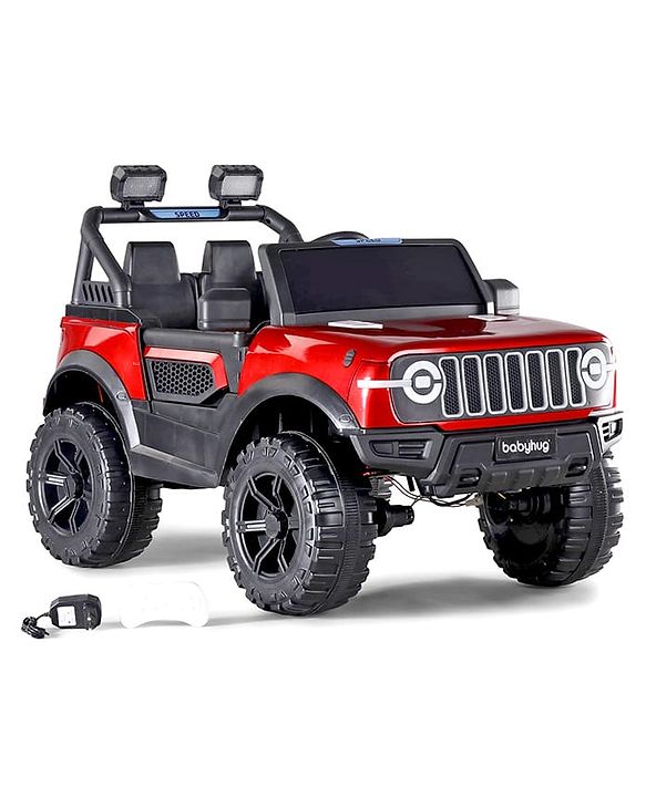 Babyhug Battery Operated Ride on Jeep with LED Lights -Red| Rechargeable Battery| Openable Doors| Built-in Music & AUX| Remote Control| Easy to Assemble| Forward Reverse & Swing| Indoor Outdoor Toy