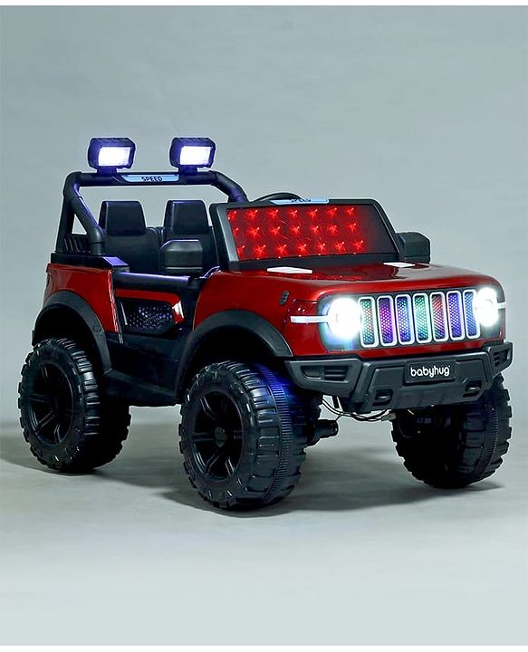 Babyhug Battery Operated Ride on Jeep with LED Lights -Red| Rechargeable Battery| Openable Doors| Built-in Music & AUX| Remote Control| Easy to Assemble| Forward Reverse & Swing| Indoor Outdoor Toy