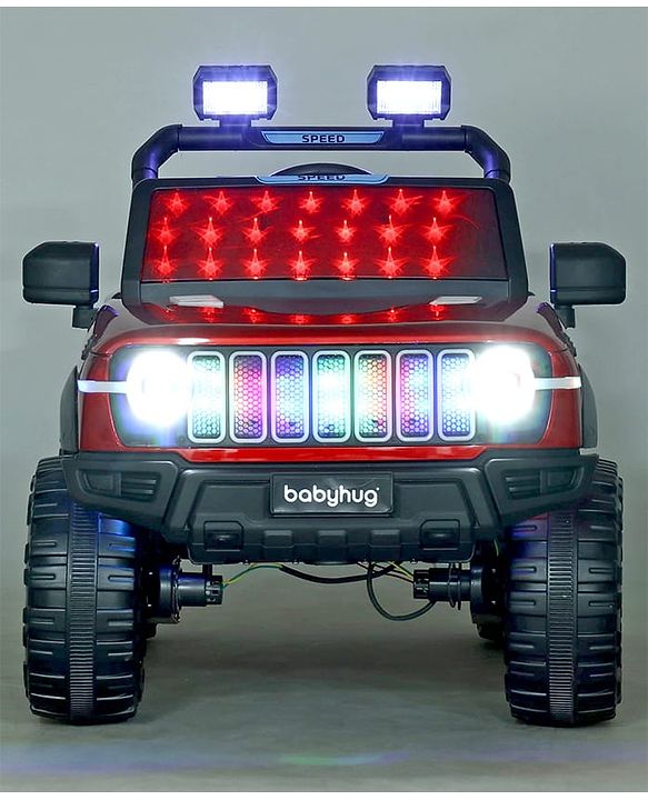 Babyhug Battery Operated Ride on Jeep with LED Lights -Red| Rechargeable Battery| Openable Doors| Built-in Music & AUX| Remote Control| Easy to Assemble| Forward Reverse & Swing| Indoor Outdoor Toy