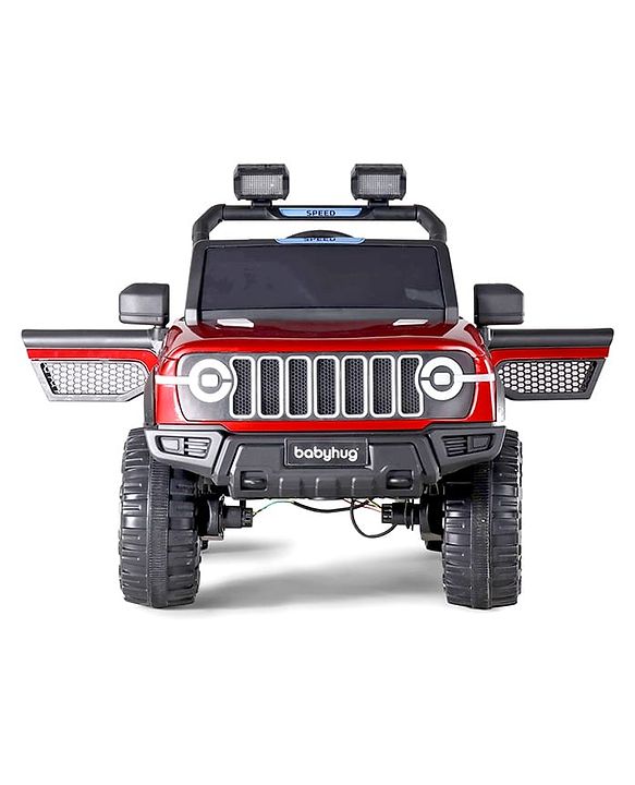 Babyhug Battery Operated Ride on Jeep with LED Lights -Red| Rechargeable Battery| Openable Doors| Built-in Music & AUX| Remote Control| Easy to Assemble| Forward Reverse & Swing| Indoor Outdoor Toy
