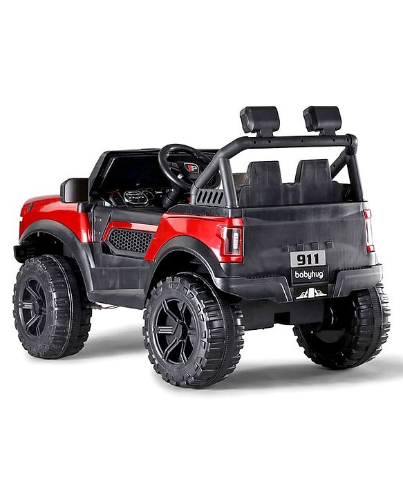 Babyhug Battery Operated Ride on Jeep with LED Lights -Red| Rechargeable Battery| Openable Doors| Built-in Music & AUX| Remote Control| Easy to Assemble| Forward Reverse & Swing| Indoor Outdoor Toy