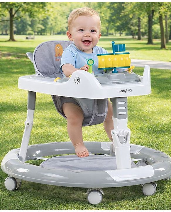 Babyhug 360° Musical Baby Walker with Lights  Grey| 3-Level Height Adjustment| Detachable Play & Feeding Tray| Compact Fold| Smooth Swivel Wheels| Cushioned Seat| 624 Months| Removable Foot Mat