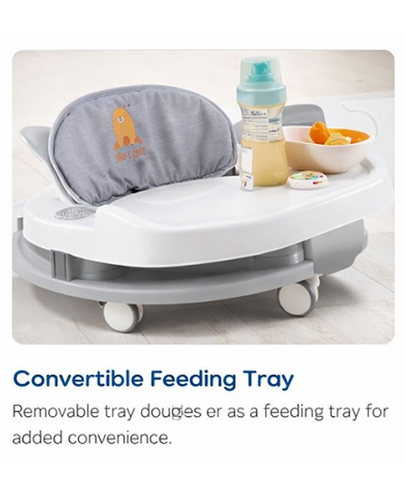 Babyhug 360° Musical Baby Walker with Lights  Grey| 3-Level Height Adjustment| Detachable Play & Feeding Tray| Compact Fold| Smooth Swivel Wheels| Cushioned Seat| 624 Months| Removable Foot Mat
