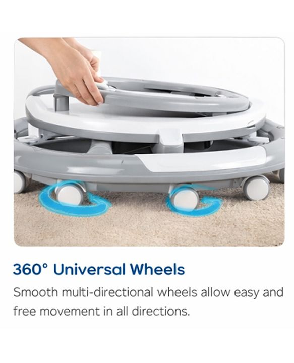 Babyhug 360° Musical Baby Walker with Lights  Grey| 3-Level Height Adjustment| Detachable Play & Feeding Tray| Compact Fold| Smooth Swivel Wheels| Cushioned Seat| 624 Months| Removable Foot Mat