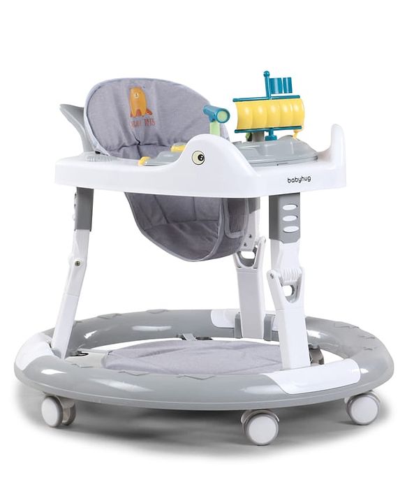 Babyhug 360° Musical Baby Walker with Lights  Grey| 3-Level Height Adjustment| Detachable Play & Feeding Tray| Compact Fold| Smooth Swivel Wheels| Cushioned Seat| 624 Months| Removable Foot Mat