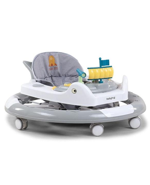 Babyhug 360° Musical Baby Walker with Lights  Grey| 3-Level Height Adjustment| Detachable Play & Feeding Tray| Compact Fold| Smooth Swivel Wheels| Cushioned Seat| 624 Months| Removable Foot Mat