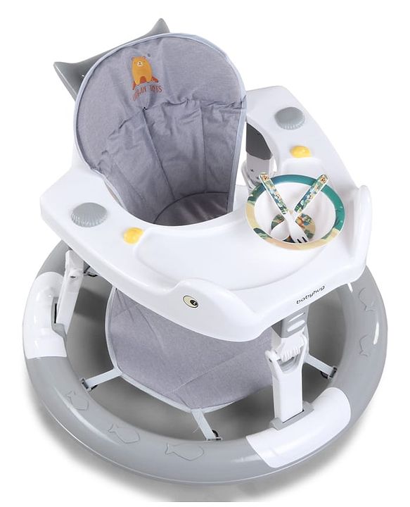 Babyhug 360° Musical Baby Walker with Lights  Grey| 3-Level Height Adjustment| Detachable Play & Feeding Tray| Compact Fold| Smooth Swivel Wheels| Cushioned Seat| 624 Months| Removable Foot Mat