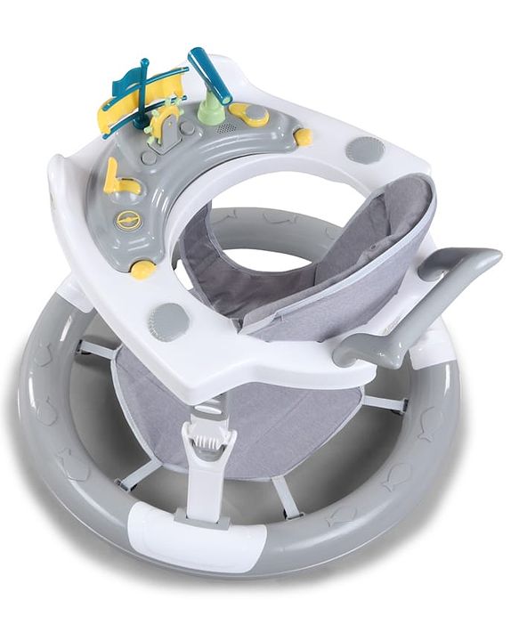 Babyhug 360° Musical Baby Walker with Lights  Grey| 3-Level Height Adjustment| Detachable Play & Feeding Tray| Compact Fold| Smooth Swivel Wheels| Cushioned Seat| 624 Months| Removable Foot Mat