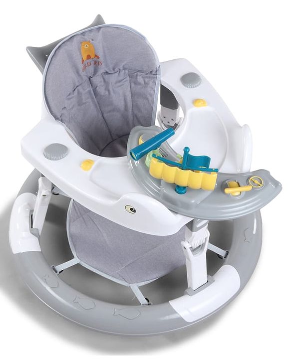 Babyhug 360° Musical Baby Walker with Lights  Grey| 3-Level Height Adjustment| Detachable Play & Feeding Tray| Compact Fold| Smooth Swivel Wheels| Cushioned Seat| 624 Months| Removable Foot Mat