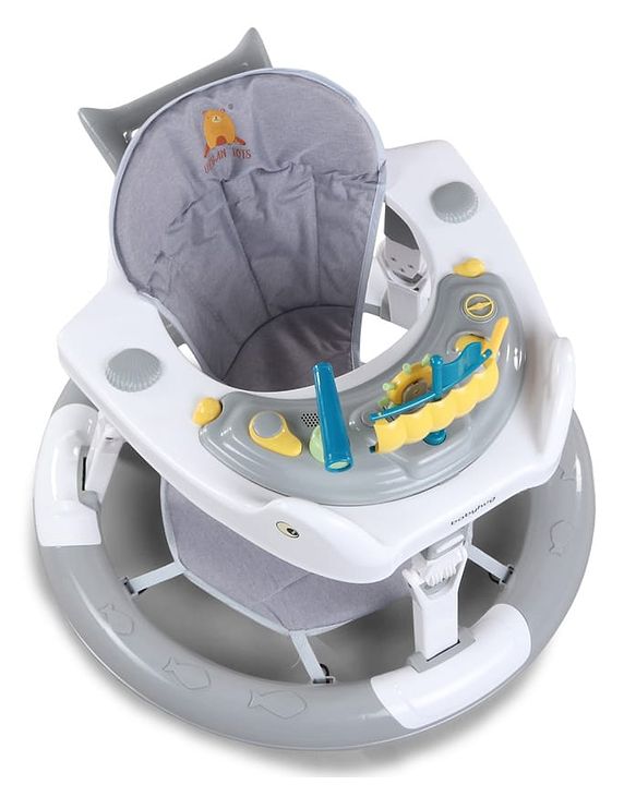Babyhug 360° Musical Baby Walker with Lights  Grey| 3-Level Height Adjustment| Detachable Play & Feeding Tray| Compact Fold| Smooth Swivel Wheels| Cushioned Seat| 624 Months| Removable Foot Mat