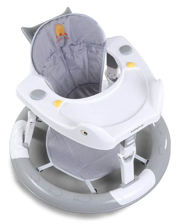 Babyhug 360° Musical Baby Walker with Lights  Grey| 3-Level Height Adjustment| Detachable Play & Feeding Tray| Compact Fold| Smooth Swivel Wheels| Cushioned Seat| 624 Months| Removable Foot Mat