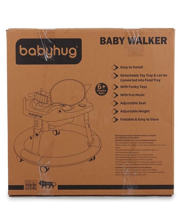 Babyhug 360° Musical Baby Walker with Lights  Grey| 3-Level Height Adjustment| Detachable Play & Feeding Tray| Compact Fold| Smooth Swivel Wheels| Cushioned Seat| 624 Months| Removable Foot Mat