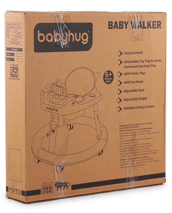Babyhug 360° Musical Baby Walker with Lights  Grey| 3-Level Height Adjustment| Detachable Play & Feeding Tray| Compact Fold| Smooth Swivel Wheels| Cushioned Seat| 624 Months| Removable Foot Mat