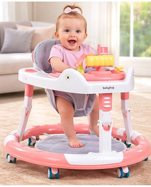 Babyhug 360° Musical Baby Walker with Lights  Grey| 3-Level Height Adjustment| Detachable Play & Feeding Tray| Compact Fold| Smooth Swivel Wheels| Cushioned Seat| 624 Months| Removable Foot Mat