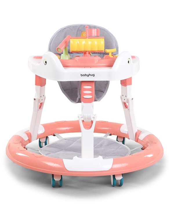 Babyhug 360° Musical Baby Walker with Lights  Grey| 3-Level Height Adjustment| Detachable Play & Feeding Tray| Compact Fold| Smooth Swivel Wheels| Cushioned Seat| 624 Months| Removable Foot Mat
