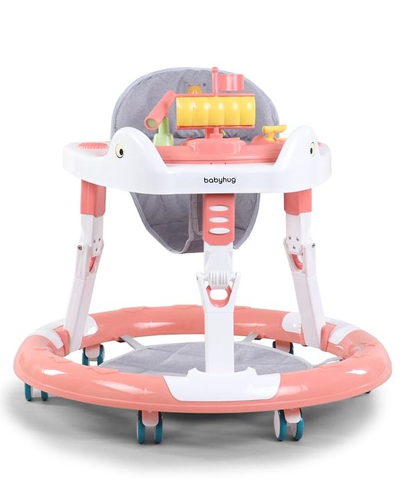 Babyhug 360° Musical Baby Walker with Lights  Grey| 3-Level Height Adjustment| Detachable Play & Feeding Tray| Compact Fold| Smooth Swivel Wheels| Cushioned Seat| 624 Months| Removable Foot Mat