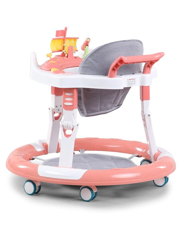 Babyhug 360° Musical Baby Walker with Lights  Grey| 3-Level Height Adjustment| Detachable Play & Feeding Tray| Compact Fold| Smooth Swivel Wheels| Cushioned Seat| 624 Months| Removable Foot Mat