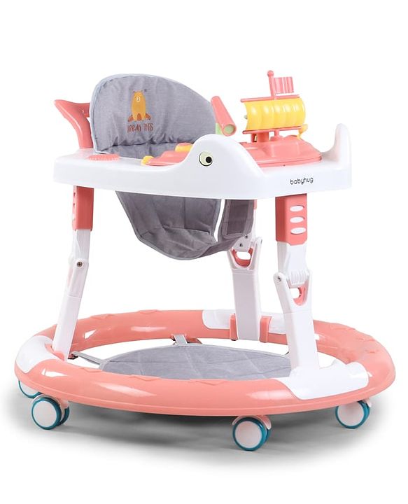 Babyhug 360° Musical Baby Walker with Lights  Grey| 3-Level Height Adjustment| Detachable Play & Feeding Tray| Compact Fold| Smooth Swivel Wheels| Cushioned Seat| 624 Months| Removable Foot Mat