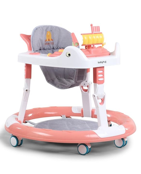 Babyhug 360° Musical Baby Walker with Lights  Grey| 3-Level Height Adjustment| Detachable Play & Feeding Tray| Compact Fold| Smooth Swivel Wheels| Cushioned Seat| 624 Months| Removable Foot Mat