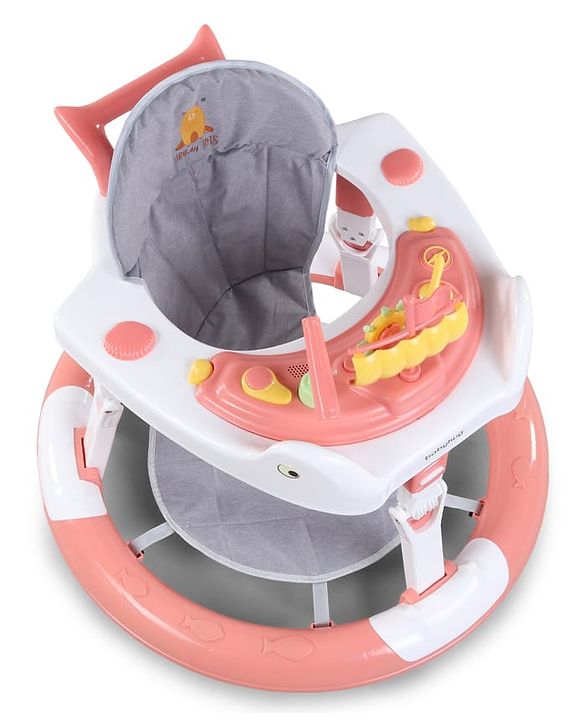 Babyhug 360° Musical Baby Walker with Lights  Grey| 3-Level Height Adjustment| Detachable Play & Feeding Tray| Compact Fold| Smooth Swivel Wheels| Cushioned Seat| 624 Months| Removable Foot Mat