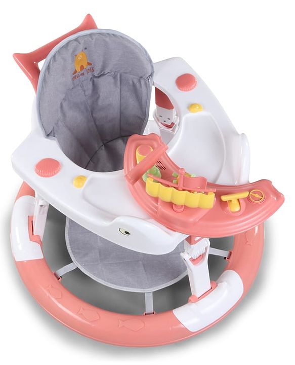 Babyhug 360° Musical Baby Walker with Lights  Grey| 3-Level Height Adjustment| Detachable Play & Feeding Tray| Compact Fold| Smooth Swivel Wheels| Cushioned Seat| 624 Months| Removable Foot Mat