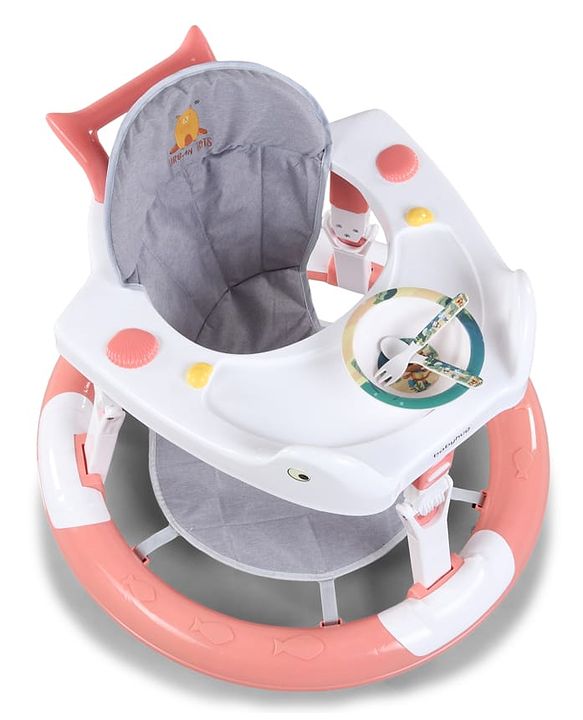 Babyhug 360° Musical Baby Walker with Lights  Grey| 3-Level Height Adjustment| Detachable Play & Feeding Tray| Compact Fold| Smooth Swivel Wheels| Cushioned Seat| 624 Months| Removable Foot Mat