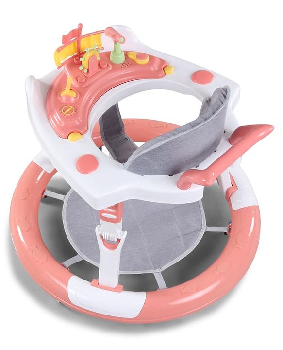 Babyhug 360° Musical Baby Walker with Lights  Grey| 3-Level Height Adjustment| Detachable Play & Feeding Tray| Compact Fold| Smooth Swivel Wheels| Cushioned Seat| 624 Months| Removable Foot Mat