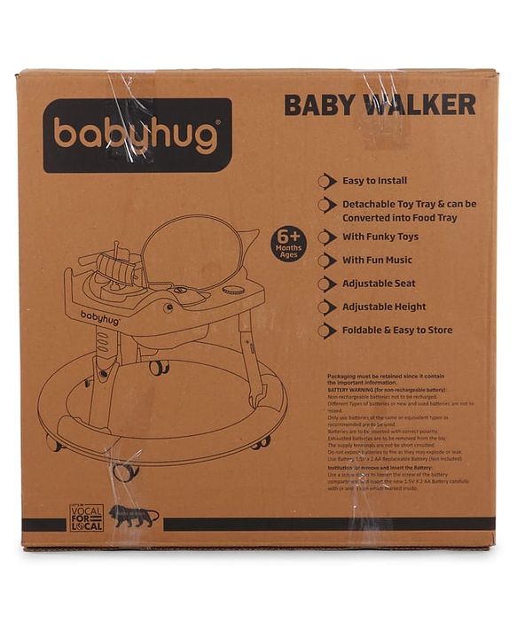 Babyhug 360° Musical Baby Walker with Lights  Grey| 3-Level Height Adjustment| Detachable Play & Feeding Tray| Compact Fold| Smooth Swivel Wheels| Cushioned Seat| 624 Months| Removable Foot Mat