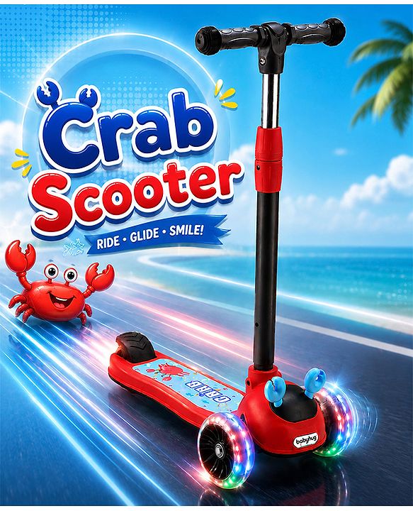 Babyhug Crab Kids Scooter with LED Wheels - Red| Adjustable Height| Lean-to-Steer| Toy for 3+ Yrs Boys & Girls|Sport Gift| Physical Activity| Plug & Play